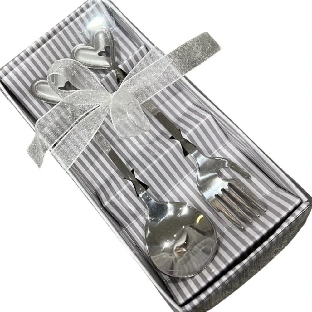 Heart Handle Fork Spoon Set Silver Stainless Steel Wedding Bridal Shower Gift